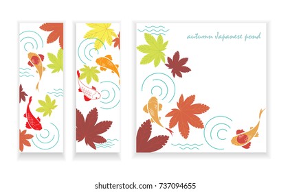 autumn Japanese pond, koi carp floating among autumn maple leaves, banners, vector illustration