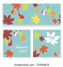 autumn Japanese pond, koi carp floating among autumn maple leaves, banners, vector illustration
