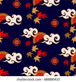 Autumn Japanese seamless pattern with maple leaf and fan.