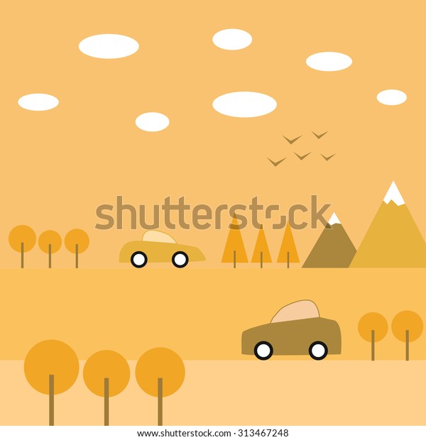Autumn journey by\
car and boat. Flat\
design
