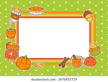 Autumn kawaii card. Happy Thanksgiving Day and Halloween traditional cute symbols.