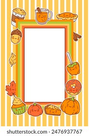 Autumn kawaii card. Happy Thanksgiving Day and Halloween traditional cute symbols.