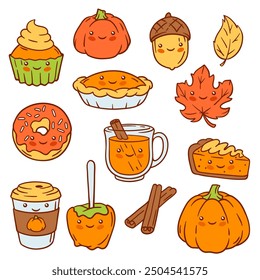 Autumn kawaii characters. Happy Thanksgiving Day and Halloween traditional cute symbols.