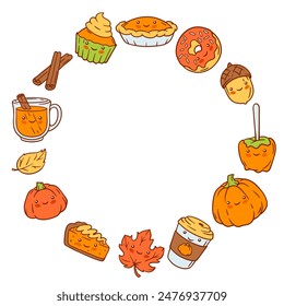 Autumn kawaii design. Happy Thanksgiving Day and Halloween traditional cute symbols.