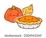 Autumn kawaii food. Happy Thanksgiving Day and Halloween traditional cute symbols.