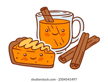 Autumn kawaii food. Happy Thanksgiving Day and Halloween traditional cute symbols.