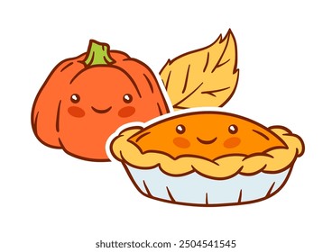 Autumn kawaii food. Happy Thanksgiving Day and Halloween traditional cute symbols.