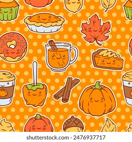 Autumn kawaii pattern. Happy Thanksgiving Day and Halloween traditional cute symbols.