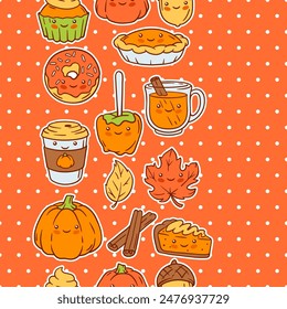 Autumn kawaii pattern. Happy Thanksgiving Day and Halloween traditional cute symbols.