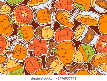 Autumn kawaii pattern. Happy Thanksgiving Day and Halloween traditional cute symbols.