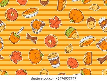 Autumn kawaii pattern. Happy Thanksgiving Day and Halloween traditional cute symbols.