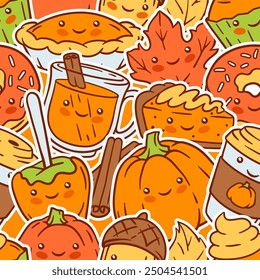 Autumn kawaii pattern. Happy Thanksgiving Day and Halloween traditional cute symbols.