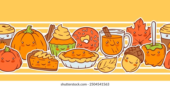 Autumn kawaii pattern. Happy Thanksgiving Day and Halloween traditional cute symbols.