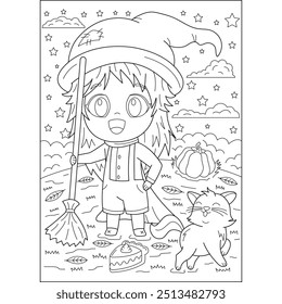 autumn kawaii witch halloween coloring book page for kids and adults creative coloring mindful relaxation activity