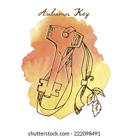 Autumn key illustration. Key on the tape, light and dark contour on watercolor background.