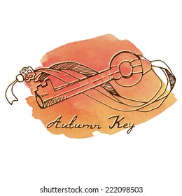 Autumn key illustration. Key on the tape, light and dark contour on watercolor background.