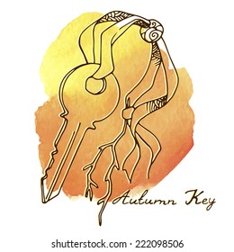 Autumn key illustration. Key on the tape, light and dark contour on watercolor background.
