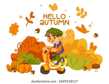 Autumn Kid Riding Scooter Illustration. Cute child in autumn clothes riding orange scooter surrounded by fall leaves, pumpkin, acorns and mushrooms, colorful flat cartoon style.