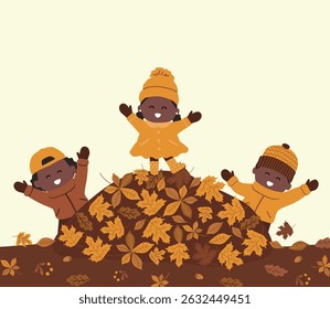 Autumn Kids. Cute Black Children Playing Autumn Leaves around Pile of Fall leaves. Children in Autumn Clothes Dance. Happy Baby Girls Happy Baby Boys. Vector Illustration in Yellow, Brown