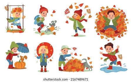 Autumn kids. Cute little children playing with fallen foliage and jumping through rain puddles. Orange leaves. Seasonal fun. Happy boys and girls walking in park