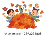 Autumn kids game. Children playing in orange leaves heap. Happy boy and girl with dog. Little people throwing autumnal foliage. Park walking. Cheerful friends in nature