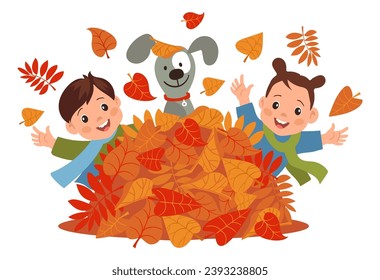 Autumn kids game. Children playing in orange leaves heap. Happy boy and girl with dog. Little people throwing autumnal foliage. Park walking. Cheerful friends in nature