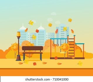 Autumn kids playground, entertainment in the form of horizontal bars and swings, walking park. Autumn city park with colorful seasonal leaves. Modern vector illustration isolated.