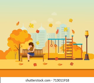 Autumn kids playground, entertainment in form of horizontal bars and swings, walking park. Autumn city park with colorful seasonal leaves. Girl resting in park. Modern vector illustration isolated.