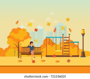 Autumn kids playground, entertainment in form of horizontal bars and swings, walking park. Autumn city park with seasonal leaves. Girl resting in park, communicates by phone. Vector illustration.