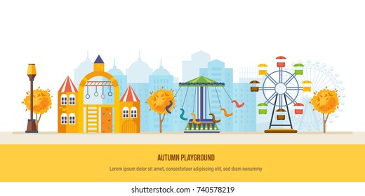 Autumn kids playground. Entertainment in the form of horizontal bars and swings, walking park, attractions. Autumn city park with colorful seasonal leaves. Vector illustration isolated.