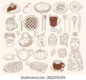 Autumn kitchen and baking illustrations in outline style with cozy fall elements, cookware, apple pie, pastries, baked goods, hot drinks and utensils. Great for coloring books and cafe decor.