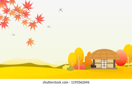 Autumn in Korea background Vector illustration. Autumn landscape with traditional Korean house.