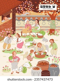 Autumn in Korea, the "Kimchi-making Day". Vector illustration icons set of Korean town people and family Making Kimchi. 