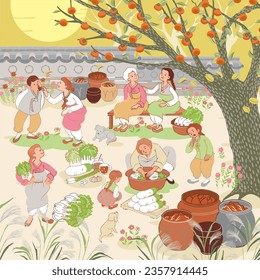 Autumn in Korea, the "Kimchi-making Day". Vector illustration icons set of Korean town people and family Making Kimchi. 	