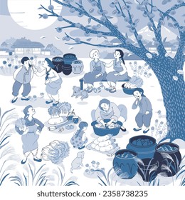 Autumn in Korea, the "Kimchi-making Day". Vector illustration icons set of Korean town people and family Making Kimchi. 