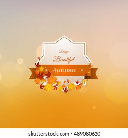 Autumn label with leaves and ribbon. Vector illustration.