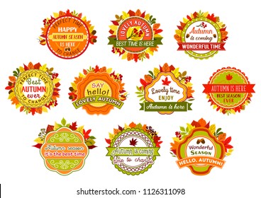 Autumn label set of fall nature leaf. Autumn leaves badge with yellow and orange foliage of forest tree, acorn and rowan berry branch round seal with ribbon banner for fall season themes design