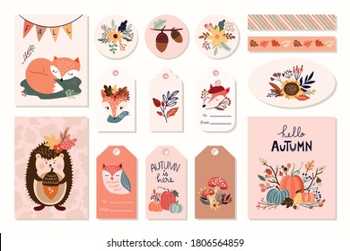 Autumn labels/badges/magnets/greeting cards with cute elements, hand drawn design