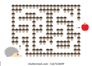 Autumn labyrinth game, help the hedgehog to find a way out of the maze, cute cartoon character, preschool worksheet activity for kids, task for the development of logical thinking, vector illustration
