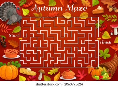 Autumn Labyrinth, Vector Maze Game With Thanksgiving Turkey And Cornucopia, Autumn Leaves And Harvest Holiday Pie. Kids Education Worksheet With Square Maze And Frame Border Of Red Maple Foliage