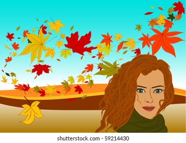 Autumn lady with fallen leaves on the wind