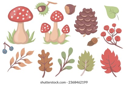 autumn laid leaves mushroom fly agaric yellow nuts, chestnut hand drawn bright colors orange brown colors individual elements on a white background harvest holiday