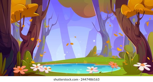 Autumn lake in forest landscape scene illustration. Beautiful fall park nature with stunning travel valley. Falling maple leaves season in woodland on lakeside. Cute panoramic golden woods backdrop