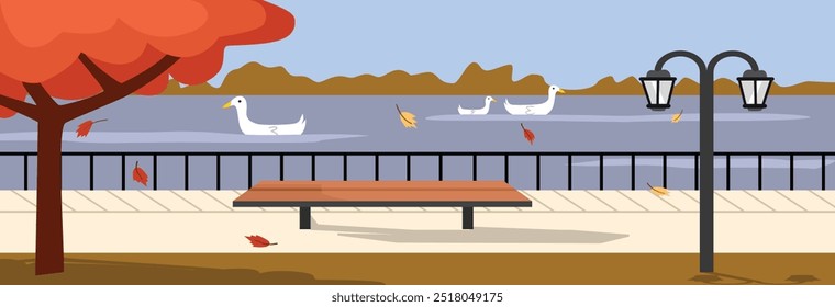 Ilustração do lago de outono. Cena da temporada de outono com rio ao lado de quintal. Parque da tarde. Cadeira e abajur no pátio. Cisne no rio. Cisne na temporada de outono. Folhas de bordo. Árvores de outono. Cerca de jardim.