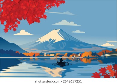 Autumn Lake Rowing with Mount Fuji in Background – Scenic Vector Illustration