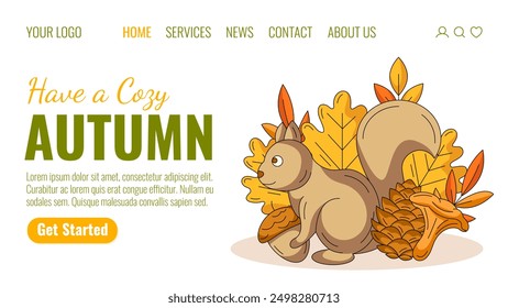 Autumn landing page vector template. Fall elements for seasonal holidays. Cute squirrel with an acorn, chanterelle mushroom, fir cone, oak leaves. Vector illustration for website, web, online, banner