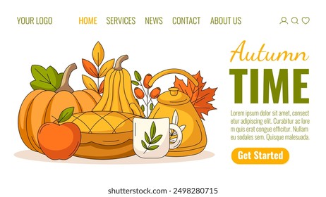 Autumn landing page vector template. Fall elements for seasonal holidays. Pumpkin, squash, apple, pie, kettle with mug, rosehip and leaves. Vector illustration for website, web, online, banner