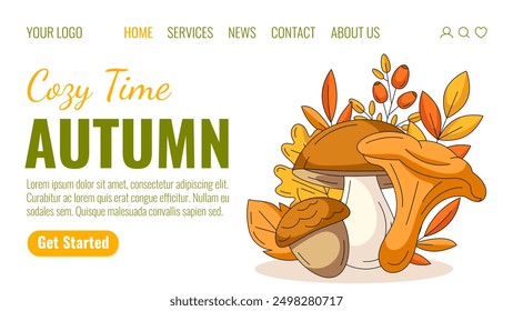 Autumn landing page vector template. Fall elements for seasonal holidays. Chanterelle and boletus mushrooms, acorn, yellow oak leaves and rosehip. Vector illustration for website, web, online, banner