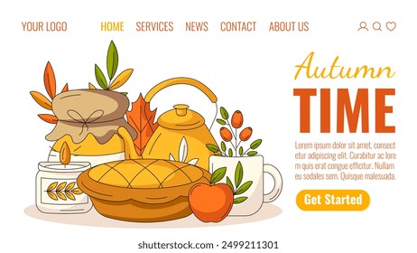 Plantilla de Vector de landing page de otoño. Ilustración de otoño acogedor estacional con pastel de calabaza, tetera y taza, vela, manzana, rosa mosqueta, mermelada. Para Sitio web, Web, en línea, Anuncio. Fondo aislado