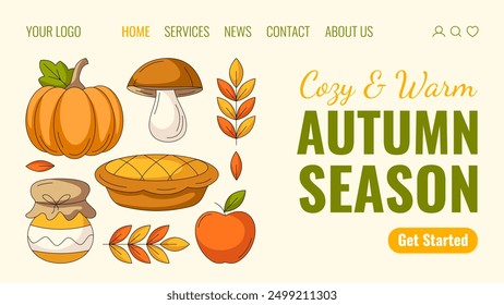 Plantilla de Vector de landing page de otoño. Composición geométrica cuadrada de Elementos de otoño. Calabaza, boletus o porcini, mermelada, tarta, manzana y hojas. Para Sitio web, Web, en línea, Anuncio. Fondo aislado